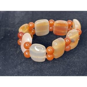 Natural Stone Carnelian Quartz Agate Beaded Bracelet Orange Stretch